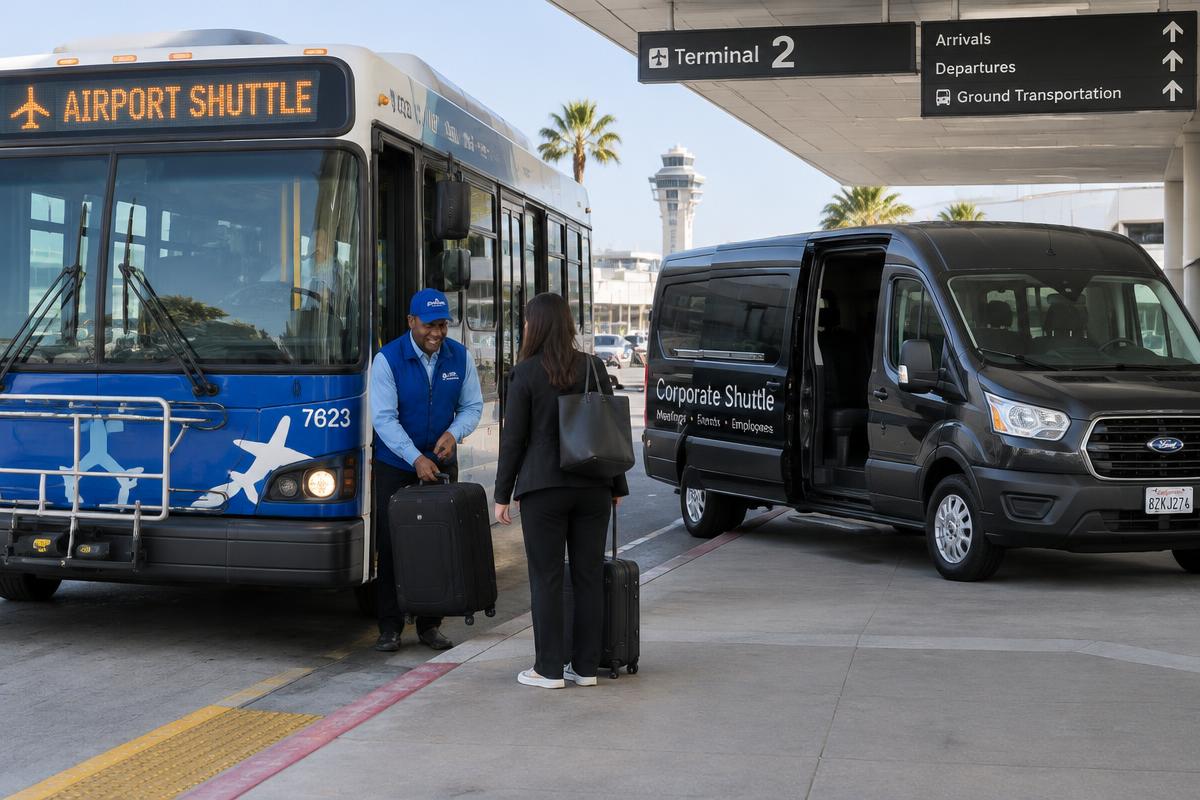 Airport shuttle bus and corporate shuttle van with a driver helping a traveler with luggage