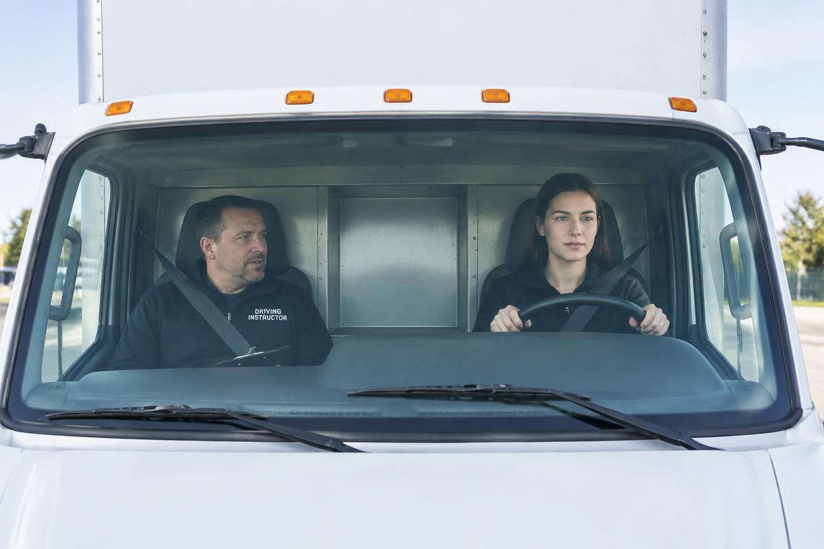Student driver behind the wheel of a Class B straight truck with a driving instructor