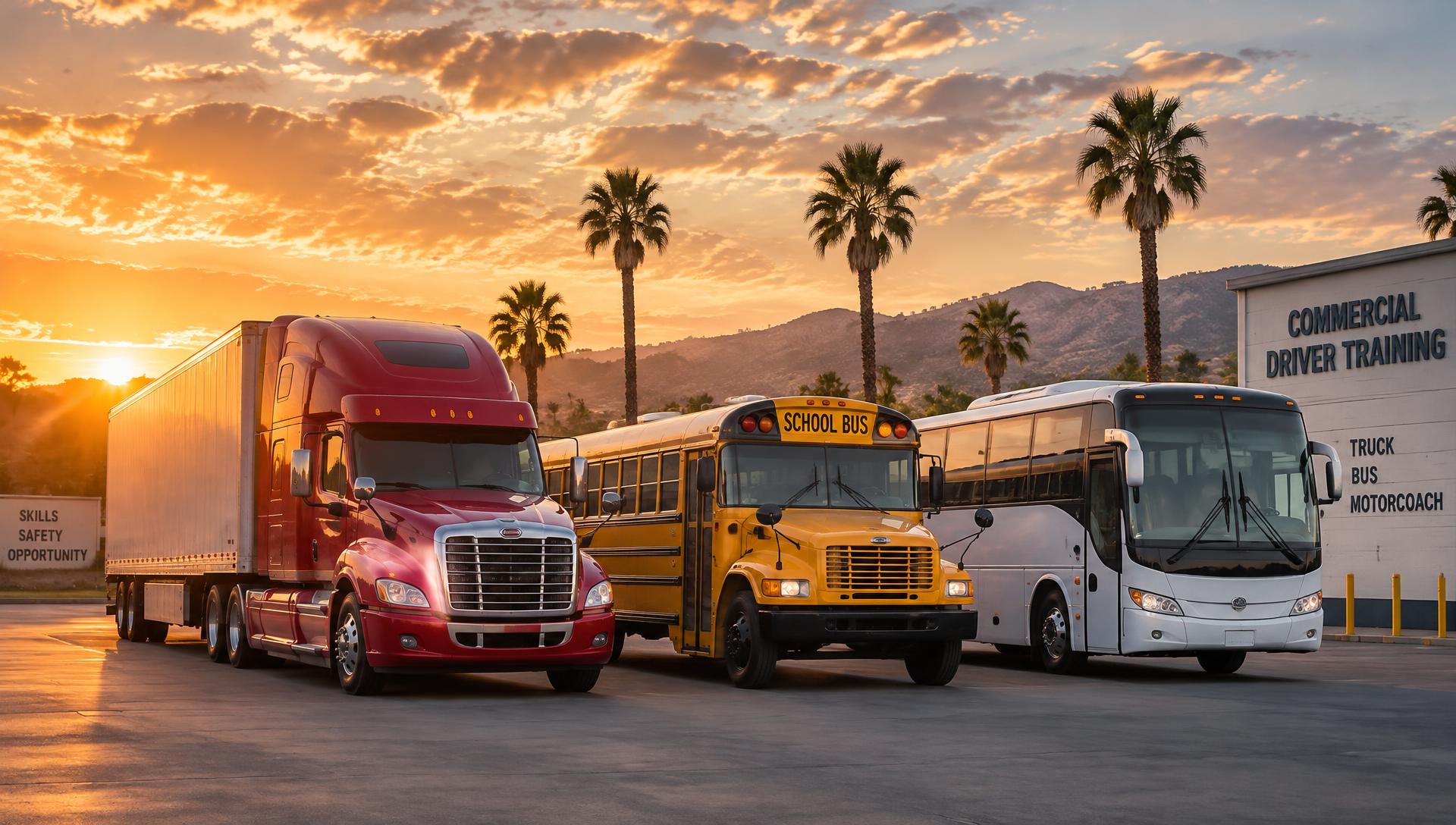 Red Class A semi-truck, yellow school bus, and white motorcoach at a California commercial driver training yard at sunset